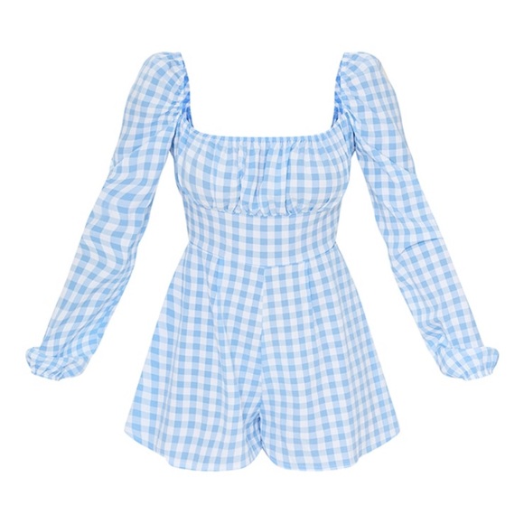 Blue gingham tie back long sleeve romper - Picture 5 of 5
